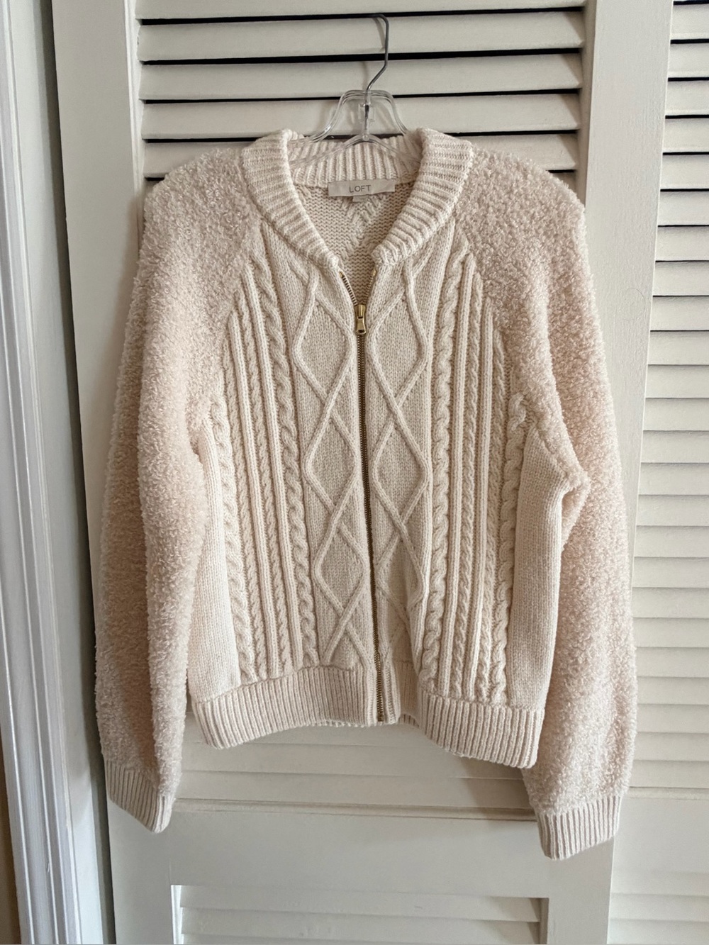 LOFT Cream Cable Zip-Front Cardigan Sweater